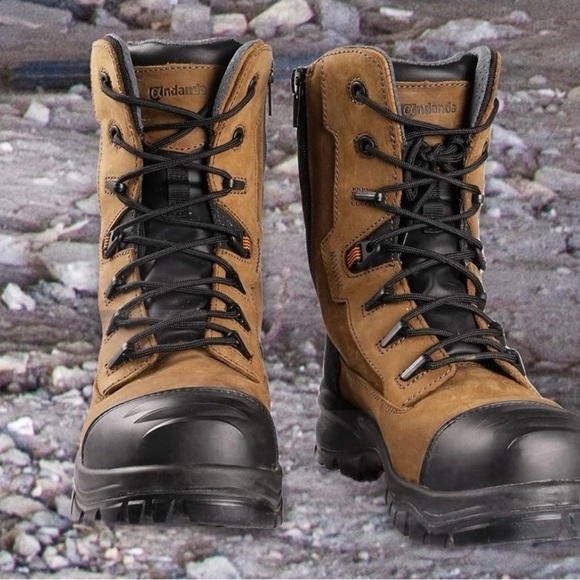 Tan High-Top Work Boots with Black Toe Cap and Rubber Sole - Picture 3 of 6